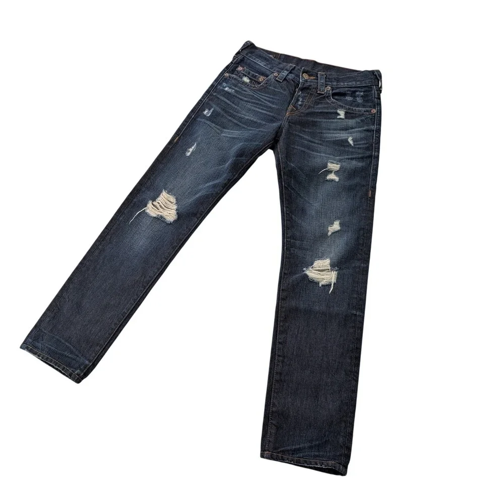 True Religion Rocco Relaxed Skinny Distressed Dark Wash Denim Jeans Mens 28 USA